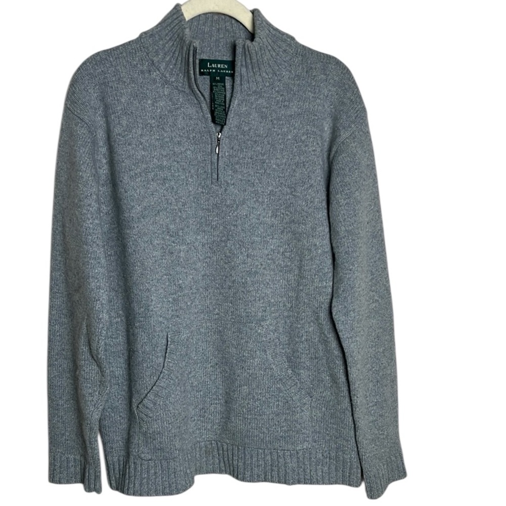 VTG Lauren Ralph Lauren Gray Merino Angora Cashmere Quarter Zip Sweater Sz M